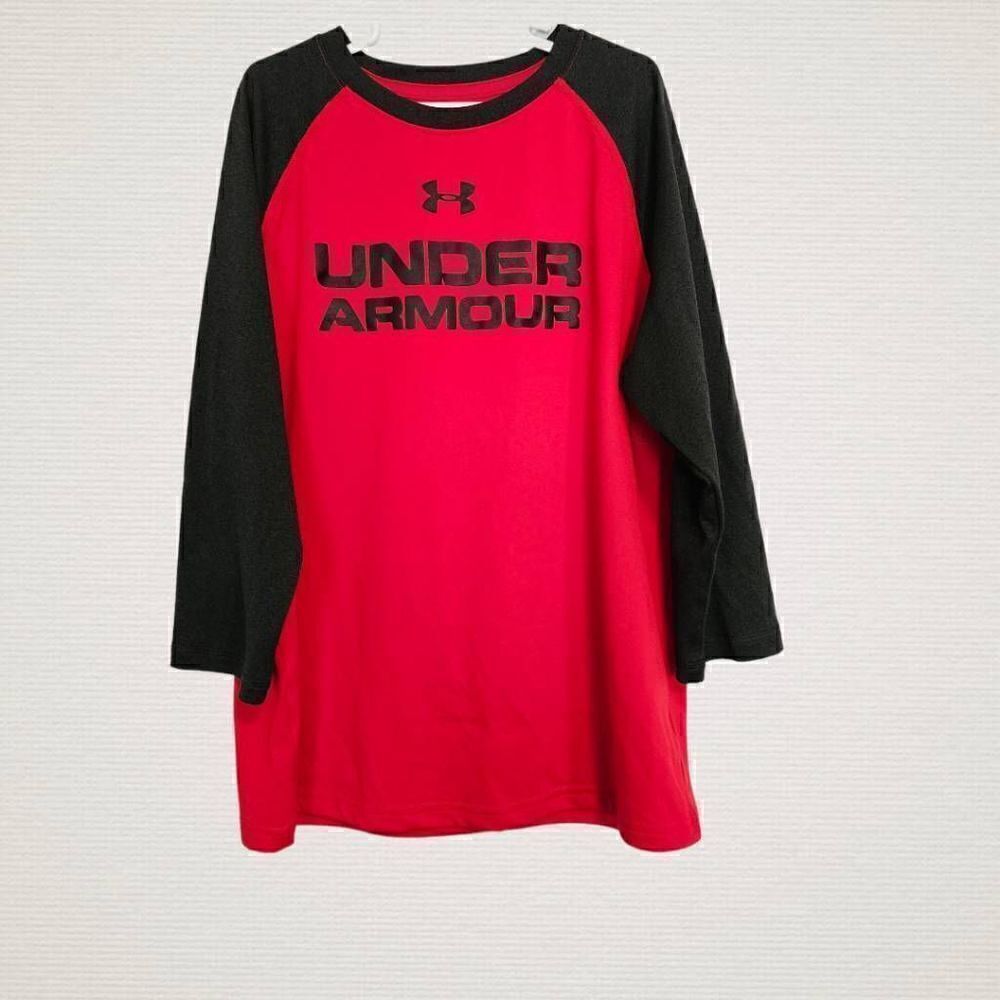 Under Armour Shirt Boys Sz Youth XL Red Loose Heat Gear Quarter Sleeve